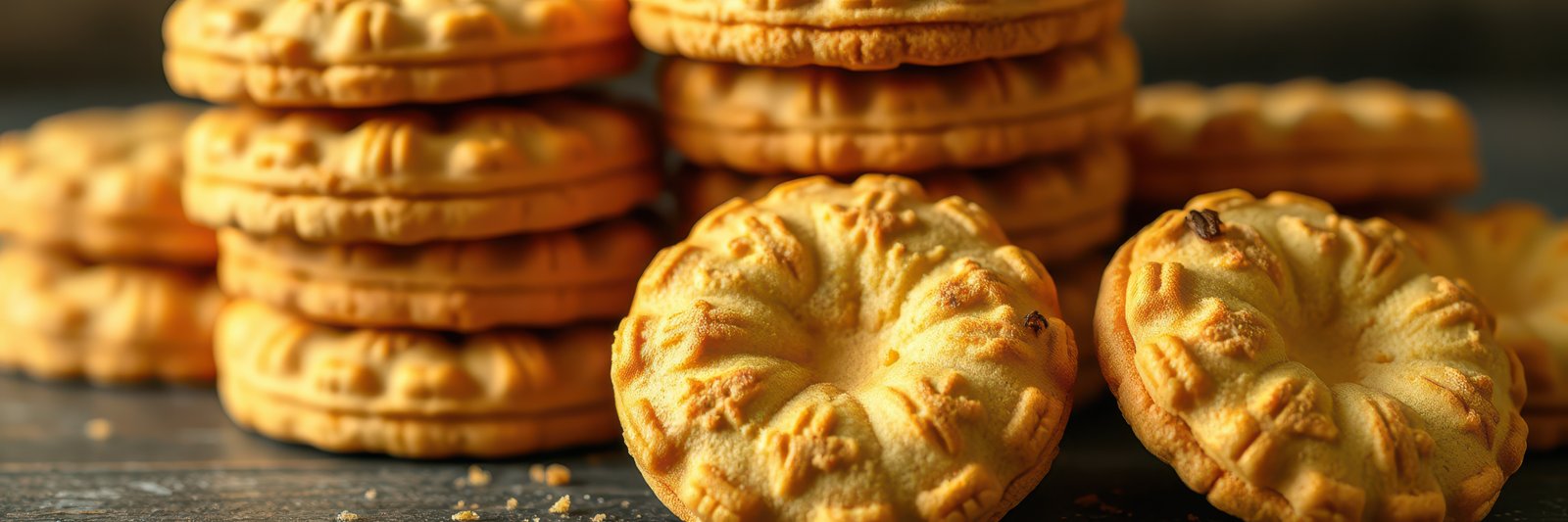 Freshly baked cookies arranged on a rustic wooden table, showcasing their golden color and detailed design